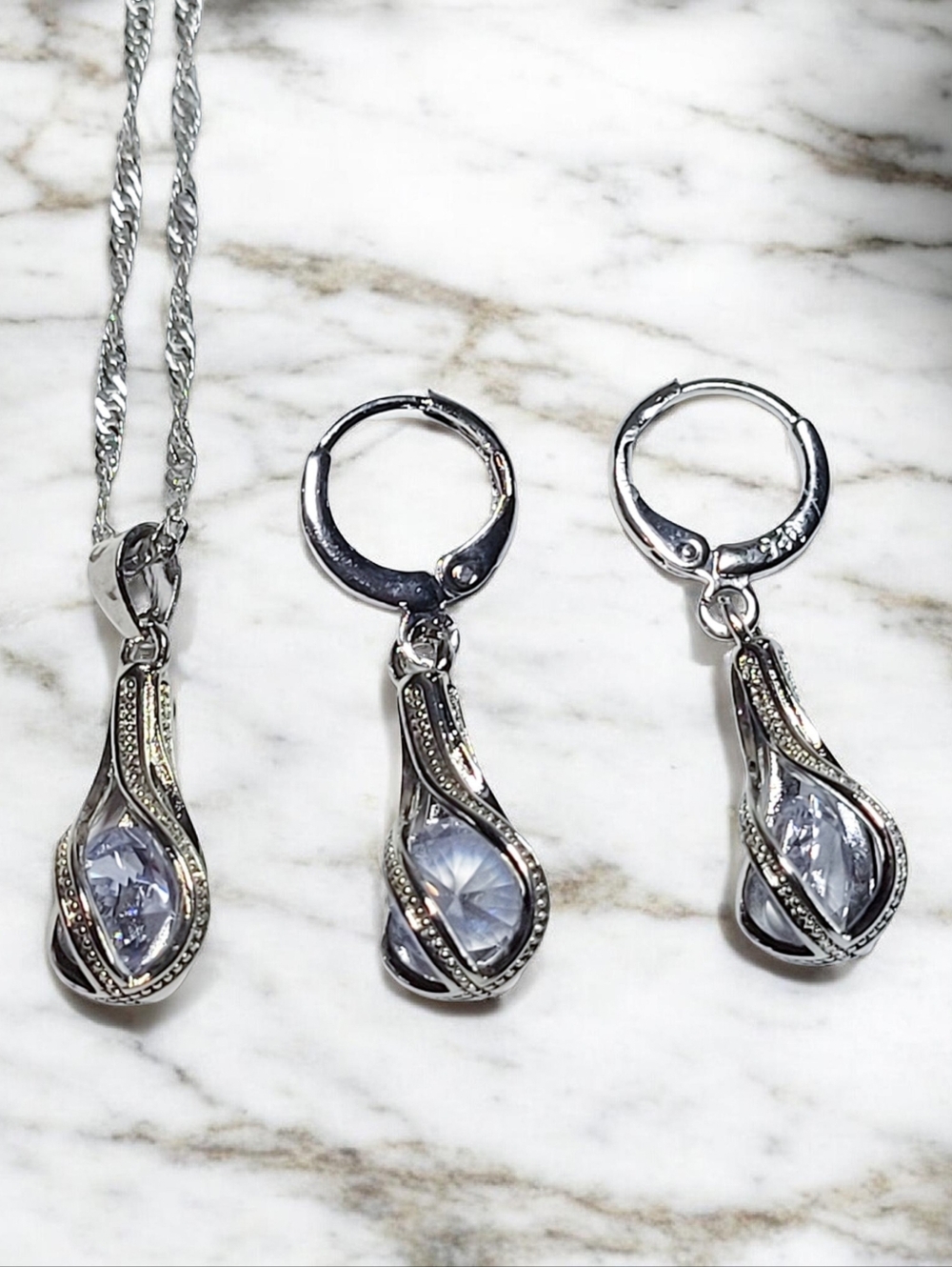 Sterling Silver Plated Teardrop Crystal Pendant Necklace & Earrings Set